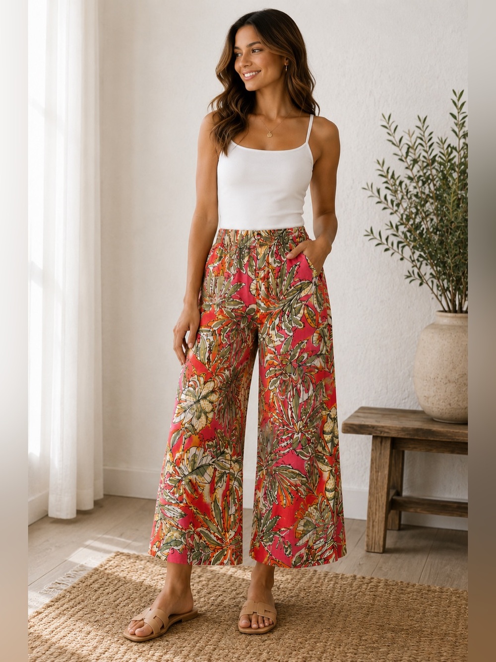 C&C California Wide Leg Floral Pants in Coral, Green & Cream